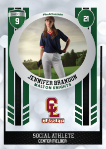 Spotlight Dark Green Classlete Sports Card Front Female Baseball Player